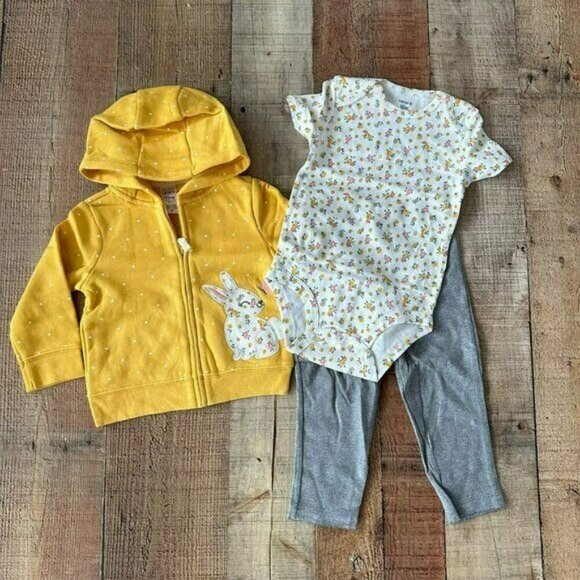 Carters yellow and white 3 piece set with rabbit bunny floral design infant girl - Picture 1 of 5